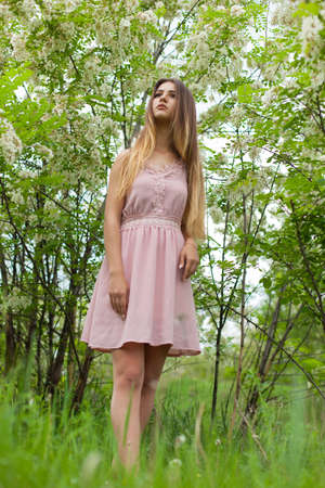 sexual girl has dissolved long hair sunny in the afternoon opposite blossoming white acaciaの写真素材