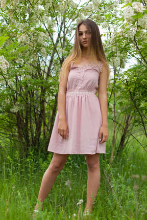 sexual girl has dissolved long hair sunny in the afternoon opposite blossoming white acaciaの写真素材