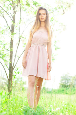 sexual girl has dissolved long hair sunny in the afternoon opposite blossoming white acaciaの写真素材