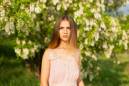 close-up portrait of a beautiful young girl in around white acacia in the springの写真素材