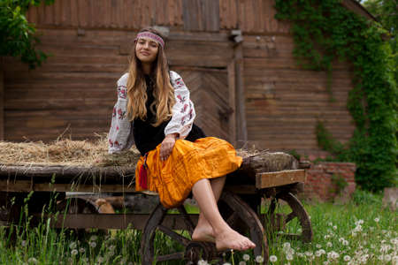 Beautiful slender Ukrainian woman in embroidery on the background of a wooden frame of a barn in the village sits on a wooden cartの写真素材