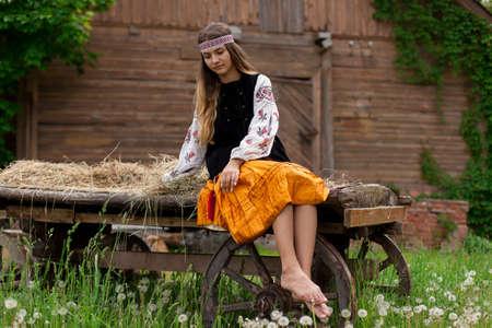 Beautiful slender Ukrainian woman in embroidery on the background of a wooden frame of a barn in the village sits on a wooden cartの写真素材