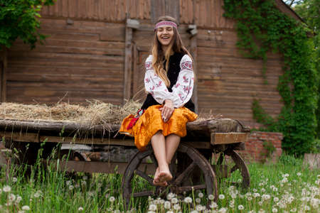 Beautiful Ukrainian woman dressed in embroidery sitting on a wooden cartの写真素材