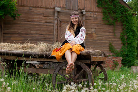 Beautiful slender Ukrainian woman in embroidery on the background of a wooden frame of a barn in the village sits on a wooden cartの写真素材