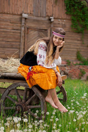 Beautiful slender Ukrainian woman in embroidery on the background of a wooden frame of a barn in the village sits on a wooden cartの写真素材