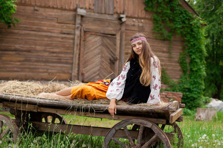 Beautiful Ukrainian woman dressed in embroidery sitting on a wooden cartの写真素材