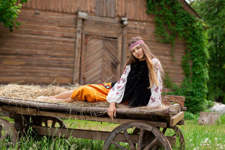 Beautiful slender Ukrainian woman in embroidery on the background of a wooden frame of a barn in the village sits on a wooden cartの写真素材