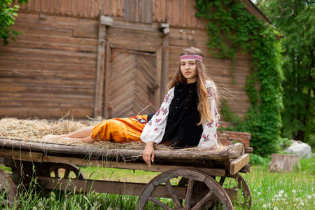 Beautiful Ukrainian woman dressed in embroidery sitting on a wooden cartの写真素材