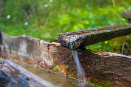 mountains a wooden drinking bowl for animals water from a spring