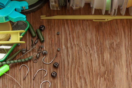 fishing gear collected on oak plankの写真素材