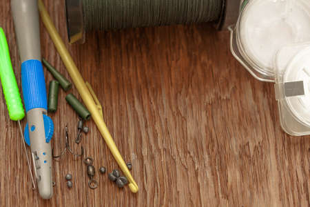 fishing gear collected on oak plankの写真素材