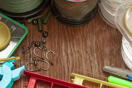 fishing gear collected on oak plankの写真素材
