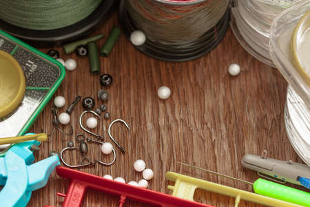 fishing gear collected on oak plankの写真素材