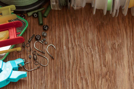 fishing gear collected on oak plankの写真素材