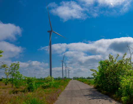 Under the blue sky with white clouds, the propeller of the green electricity generator is mounted on the side of the road in the fieldの写真素材