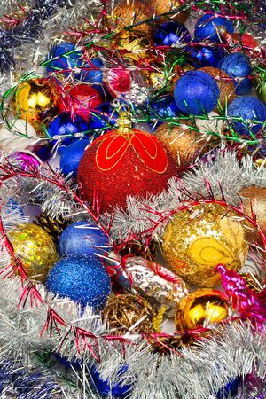 Background made of christmas toys, balls and tinselの写真素材