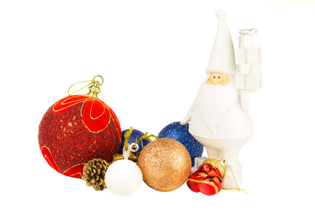 White Santa figure and balls, christmas decoration isolated on white backgroundの写真素材