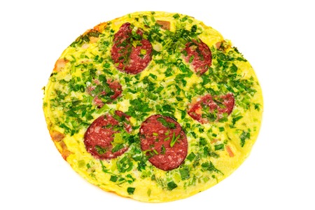 Omelette with sausage and herbs isolated on white backgrond, top view.の写真素材