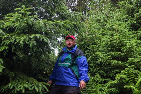 Portrait of man between the pines, tourist cutting branches for the fire