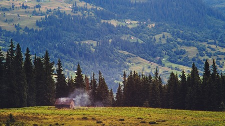 Picturesque Carpathian mountains landscape, house near the forest, evening timeの写真素材