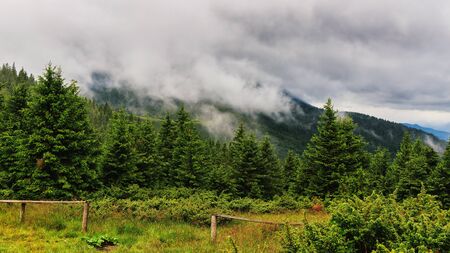 Mountain landscape in Carpathians, Chornogora ridge under clouds, Ukraine, Europeの写真素材