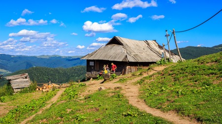 Rural household landscape in Carpathian mountains, Ukraineの写真素材