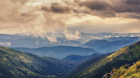 Dramatic Carpathian mountains landscape, sunset evening timeの写真素材