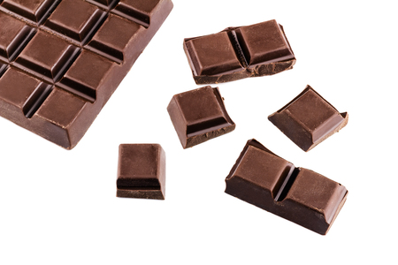 Chocolate cubes, pieces of bitter, dark chocolate bar, isolated on white background.の写真素材