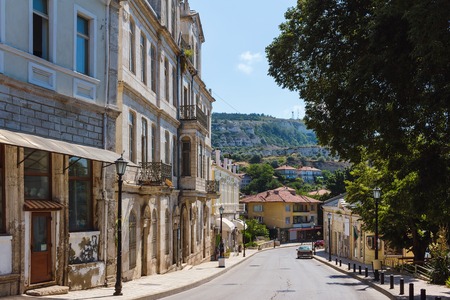 View of the street in balchik town, road and old historic houses in Bulgaria.の写真素材