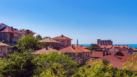 Cityscape of balchik town, houses on the hill, black sea coast in Bulgaria.の写真素材