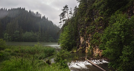 Mountain lake scenery, Lacu Rosu or Red lake and bicaz river in cloudy, rain weather, Eastern Carpathians, Romania, nature landscape background.の写真素材