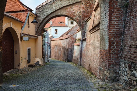 View on the european medieval street in the Sibiu city at Romania.の写真素材