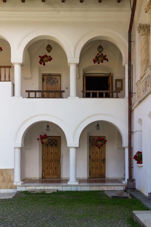 Exterior, facade of Brancoveanu orthodox monastery in Sambata de Sus village, Romania.の写真素材