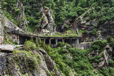 Famous and dangerous Transfagarasan road on the height in Fagaras mountains at Carpathians, Romania.の写真素材