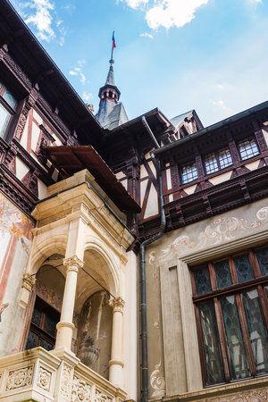 Sinaia, Romania - june 21, 2017: Architectural details of Peles castle at Sinaia town in Romania, summer residence of Romanian royal family.のeditorial素材
