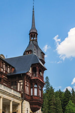 Sinaia, Romania - june 21, 2017: Architectural details of Peles castle at Sinaia town in Romania, summer residence of Romanian royal family.のeditorial素材