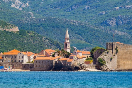 View on the old city Budva at Adriatic sea coastline, Montenegro. summer seascape background.