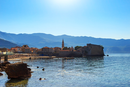 View to the old city Budva at Adriatic sea coastline in the morning, Montenegro. summer seascape background.の写真素材