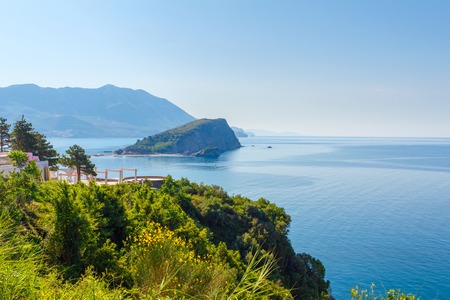 View from above on Adriatic sea coastline and Sveti Nikola island near Budva city at Montenegro, nature landscape, vacations to the summer paradise.の写真素材