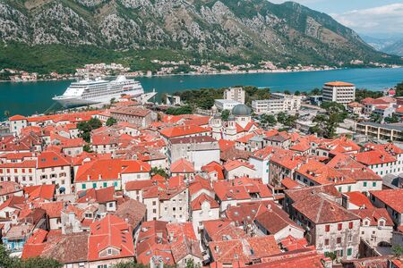 Cityscape of old city Kotor, bay in Adriatic sea surrounded by mountains, Montenegro. View from above.の写真素材