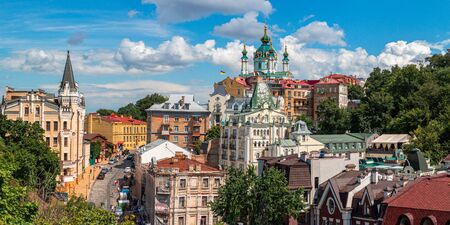 Andrew descent, Andriyivski uzviz with ancient buildings and famous St. Andrew or Andriivska Church, historical district of Kyiv city in Ukraine.の写真素材