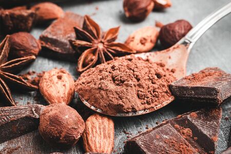 Brown cocoa powder in the spoon, chocolate cubes, star anise and nuts, close-up view, selective focus.の写真素材