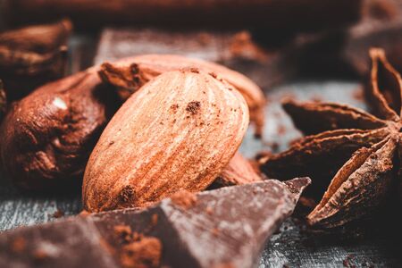 Almond, hazelnut, chocolate cubes and star anise close-up view, selective focus.