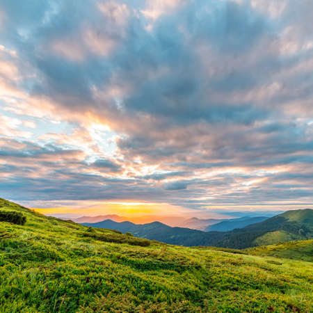 Colorful landscape at sunset in the mountains, scenic wild nature, Carpathians.