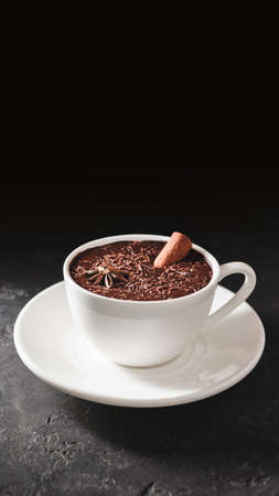 Hot chocolate drink in a white cup with cinnamon stick and star anise on textured dark background...
