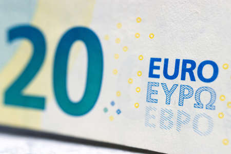 Part of twenty euro banknote, european currency, macro.