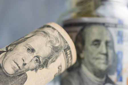 Portrait of Andrew Jackson from twenty dollar bill, close-up view.