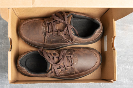 Pair of a new brown leather walking shoes in the box.