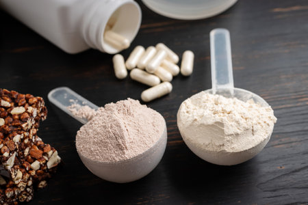 Two scoops of whey or soy protein powder, white capsules of amino acids, vitamins, creatine, protein chocolate bar, bodybuilding food supplements, sports nutrition on a dark wooden board.の写真素材