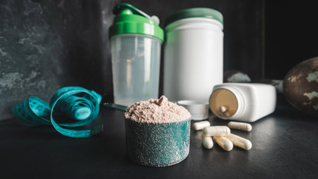 Chocolate whey protein powder in measuring spoon, white capsules of amino acids and vitamins, measuring tape, old rusty dumbbell, plastic shaker on dark background. bodybuilding food supplements.の写真素材